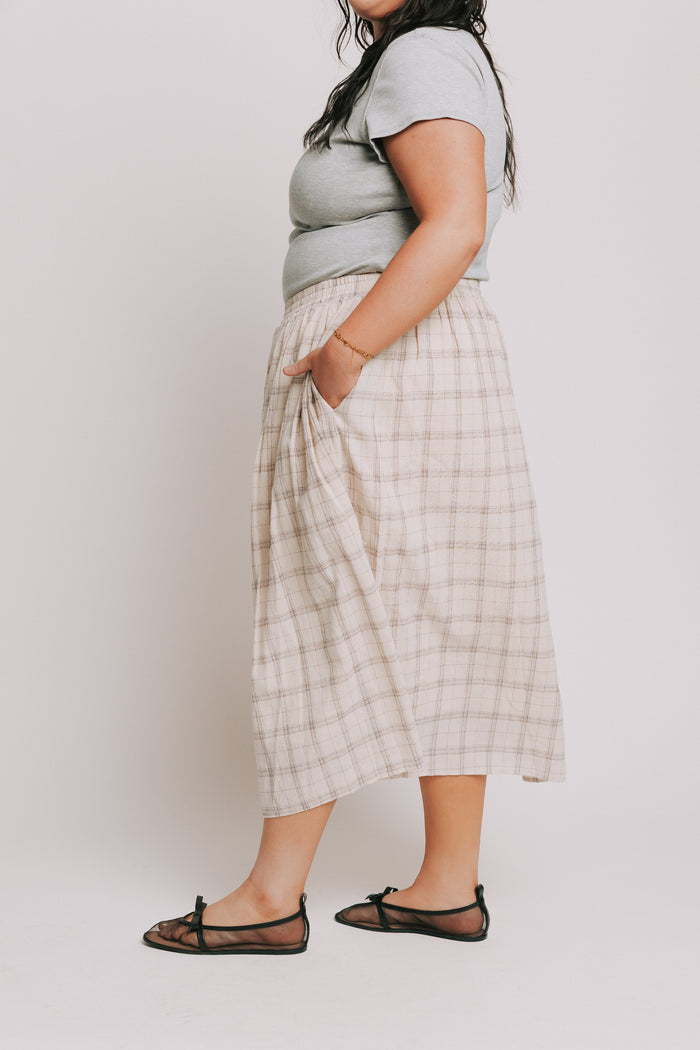 ivory and brown plaid midi skirt plus side