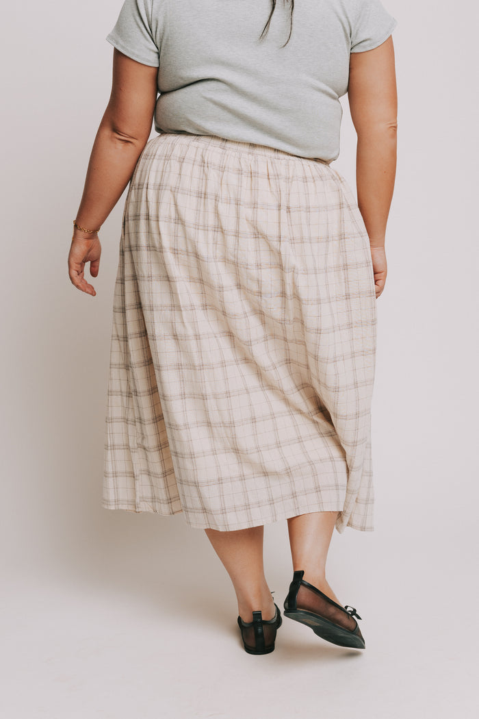 ivory and brown plaid midi skirt plus back