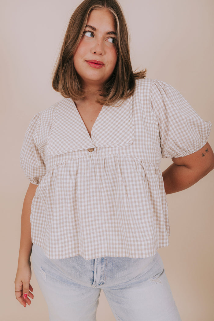 plus size taupe gingham collared top detail