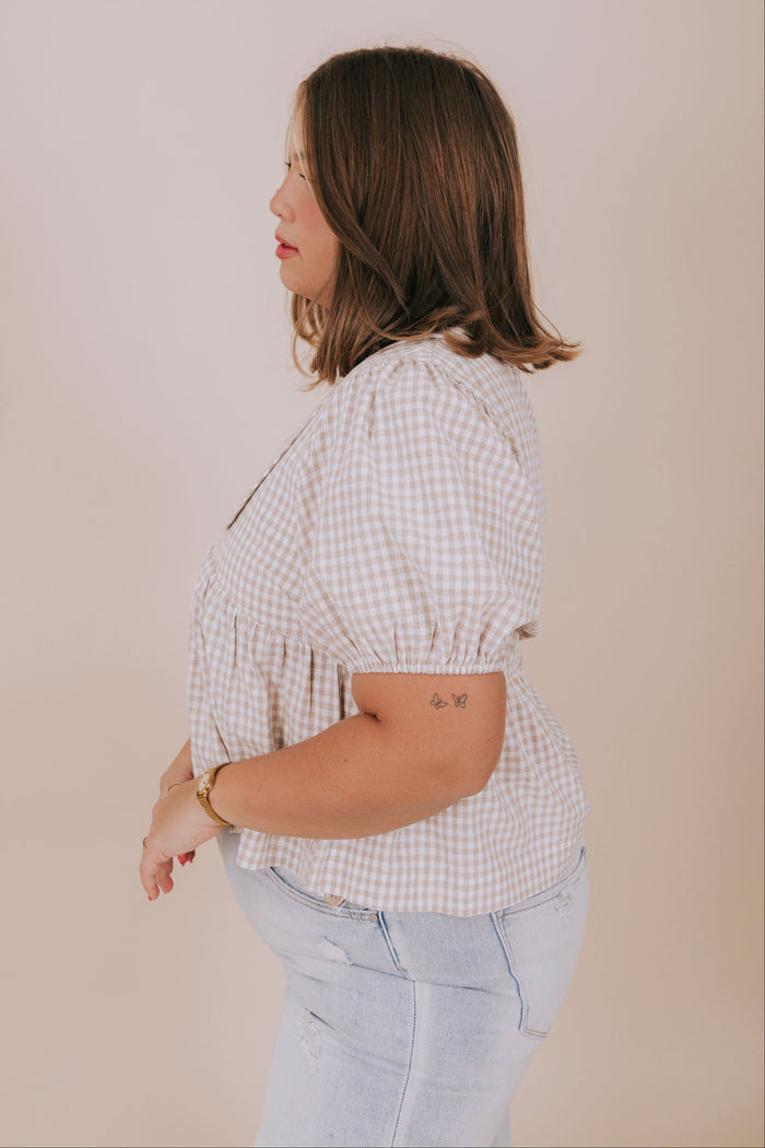plus size taupe gingham collared top side
