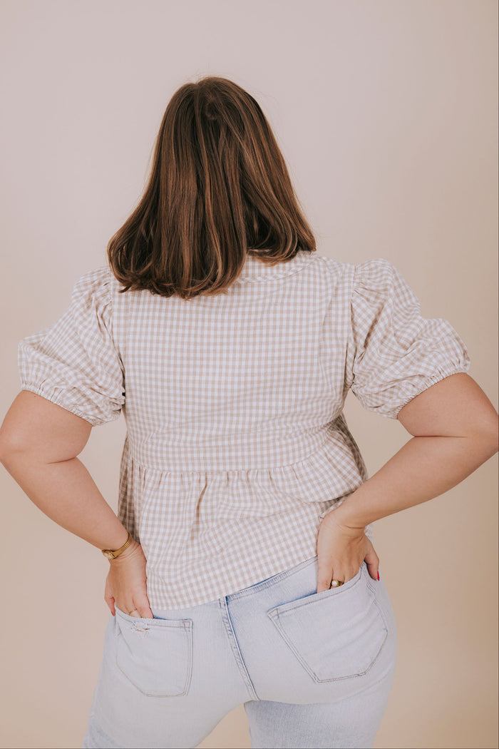 plus size taupe gingham collared top back