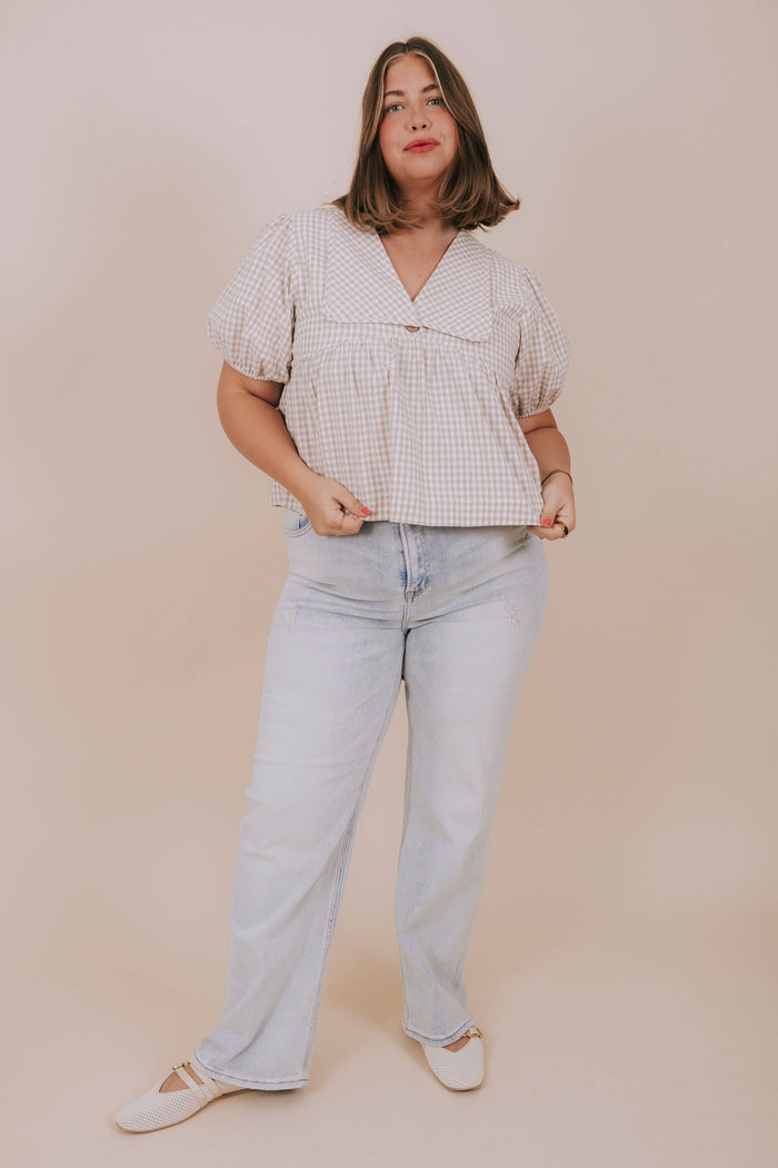 plus size taupe gingham collared top full