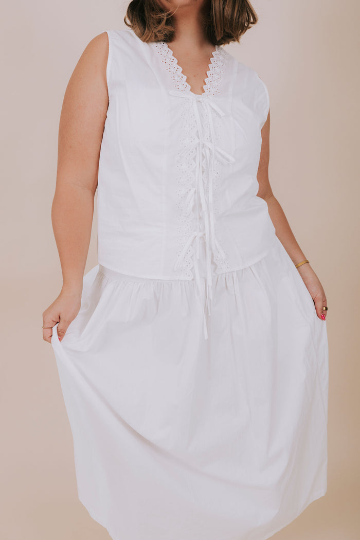 plus size white eyelet top and skirt set detail