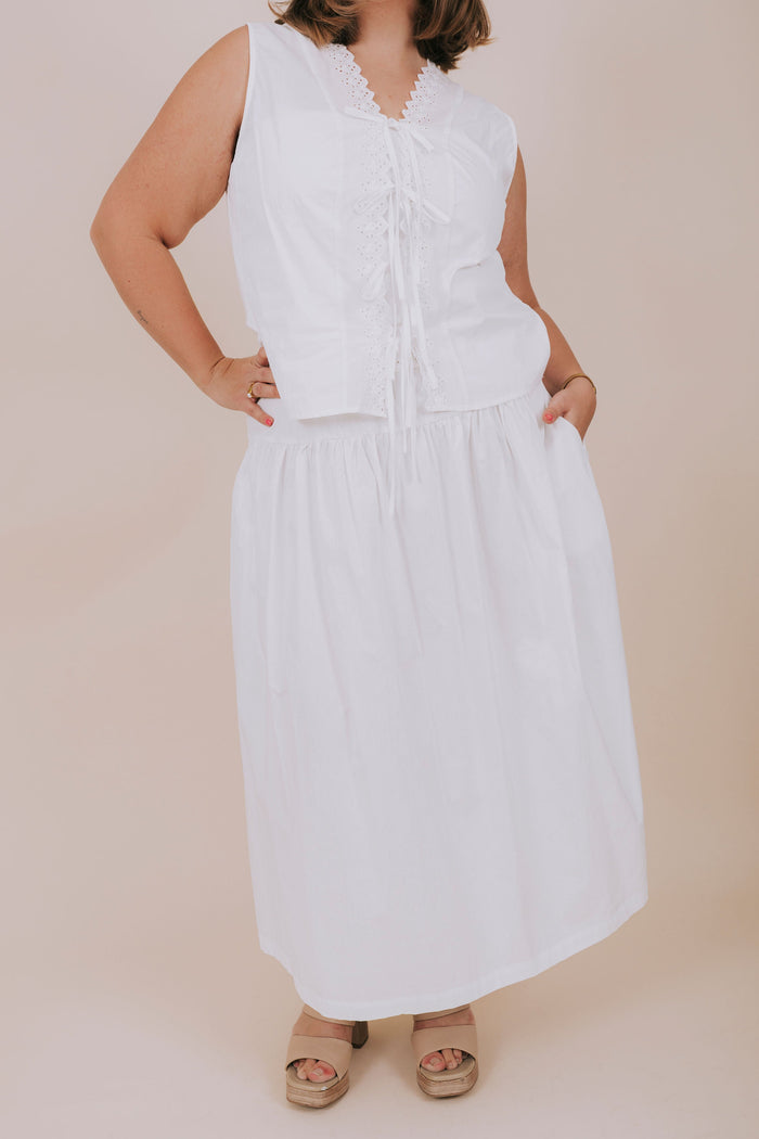 plus size white eyelet top and skirt set full detail