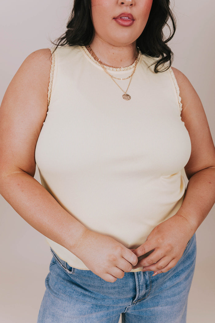 plus size butter yellow ruffle tank detail