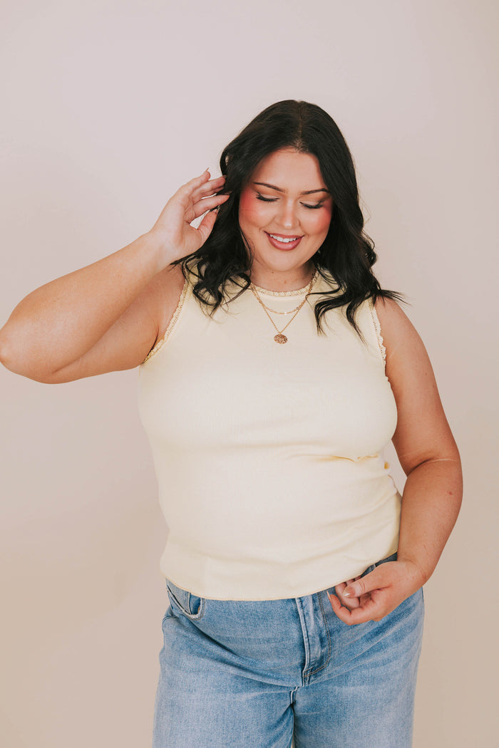 plus size butter yellow ruffle tank front