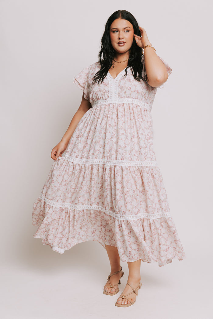 pink floral tiered lace maxi dress plus