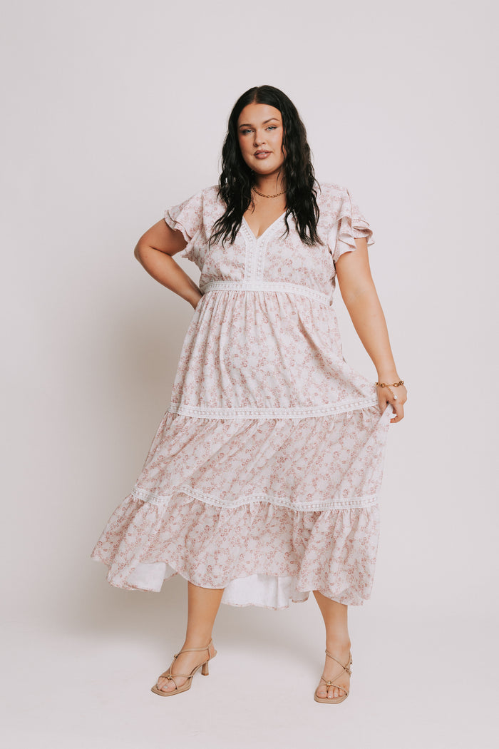 pink floral tiered lace maxi dress plus front