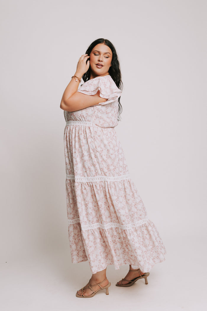 pink floral tiered lace maxi dress plus side