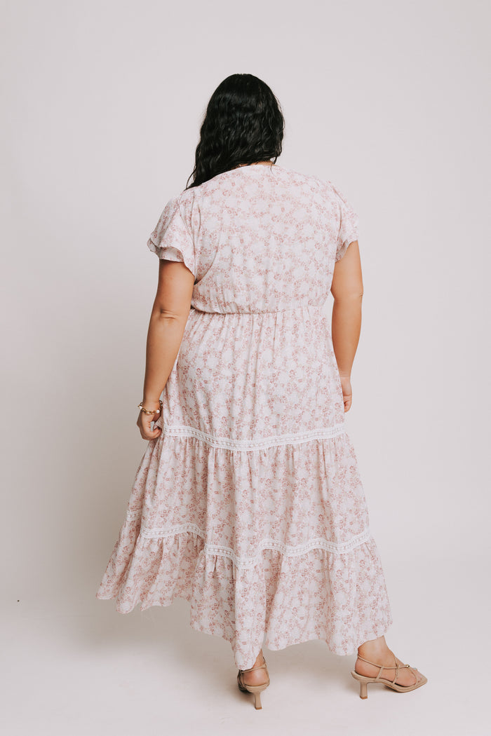 pink floral tiered lace maxi dress plus back