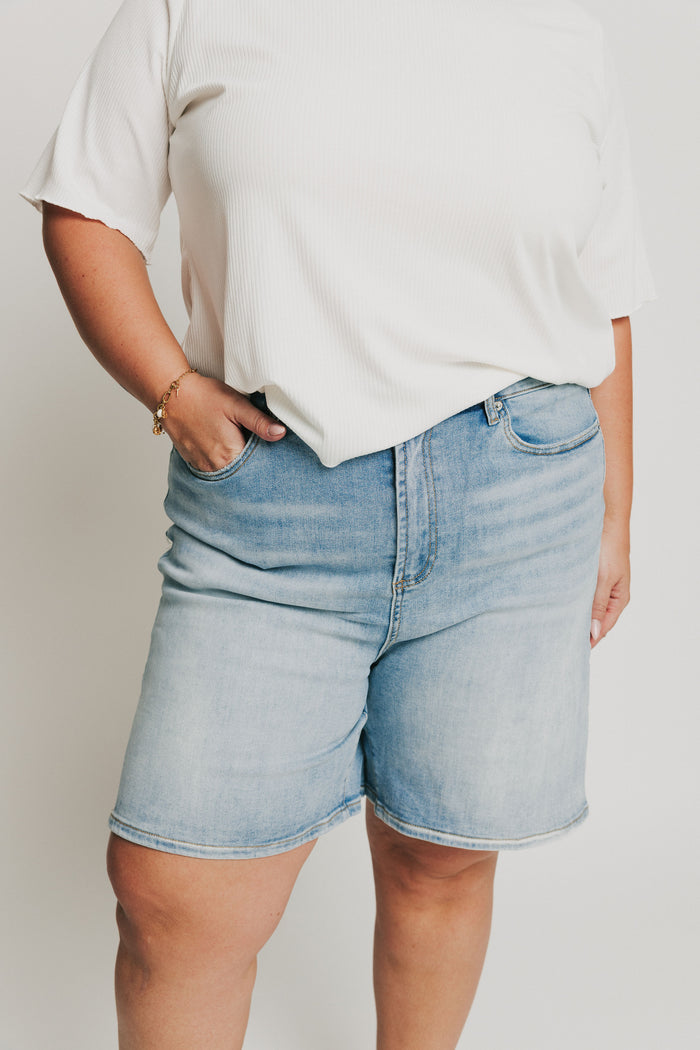 wide leg light wash denim shorts front