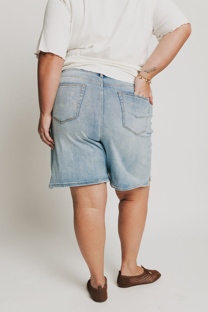 wide leg light wash denim shorts back