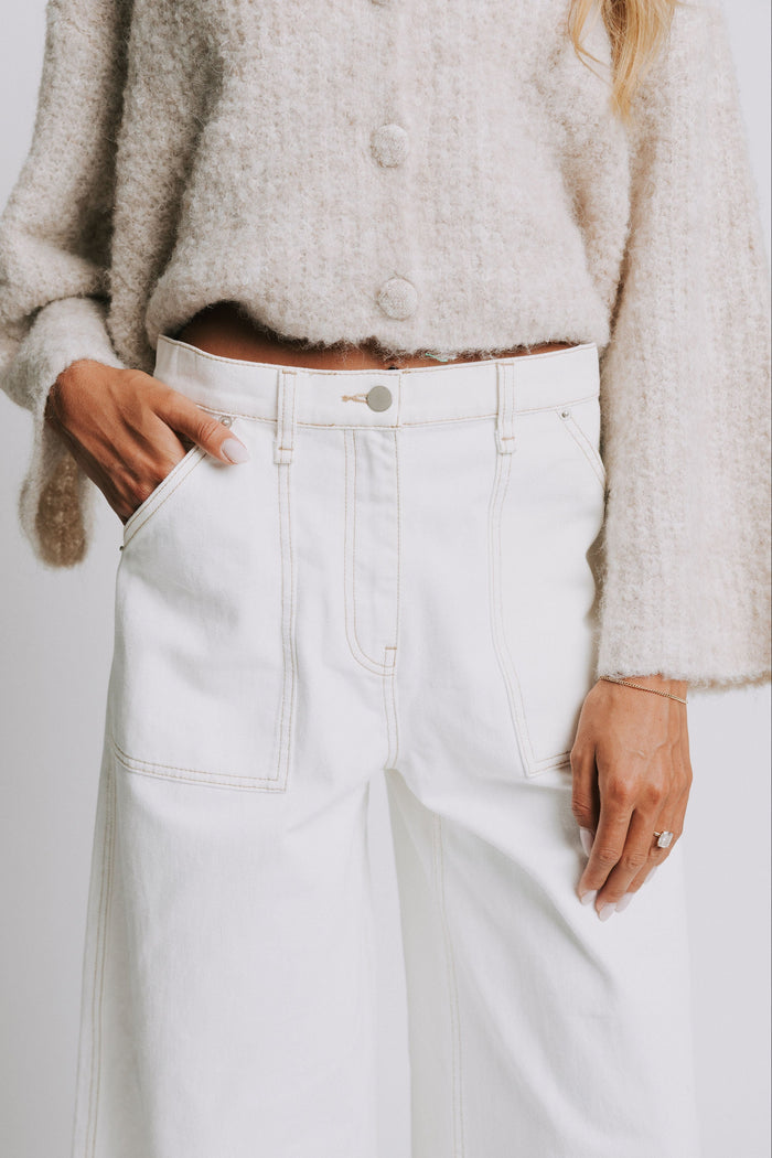 white wide leg cropped pants with contrast stitching waist