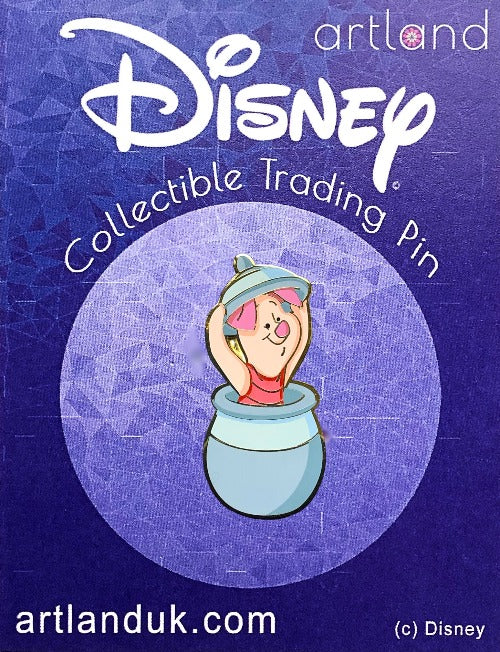 A collectible trading pin featuring Piglet from Winnie the Pooh sitting in a honey pot with the lid over his head, with screen-printed details.