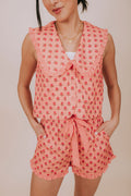 coral floral ruffled collared sleeveless top detail