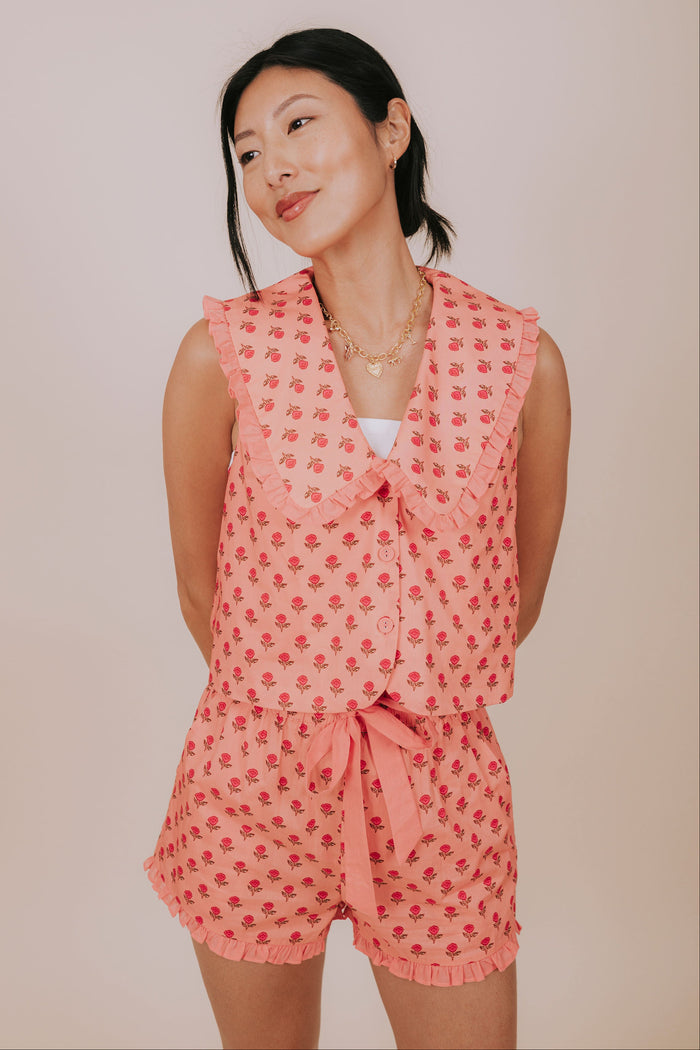coral floral ruffled collared sleeveless top front