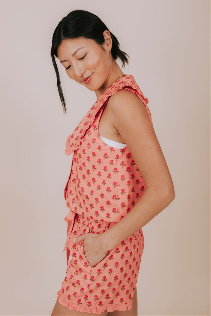 coral floral ruffled collared sleeveless top side