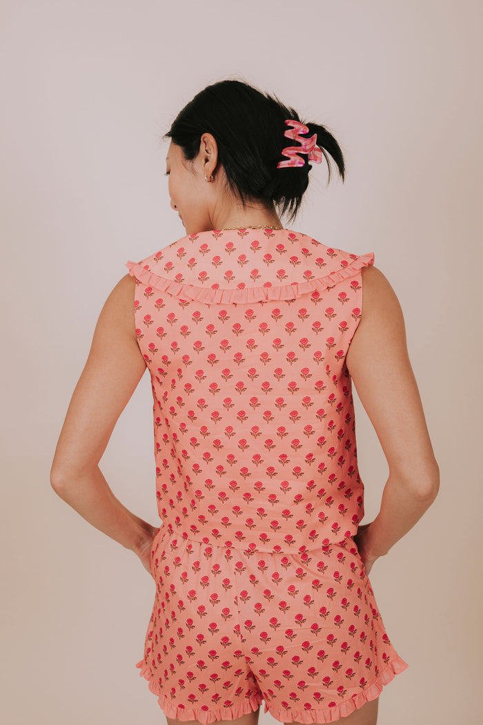 coral floral ruffled collared sleeveless top back