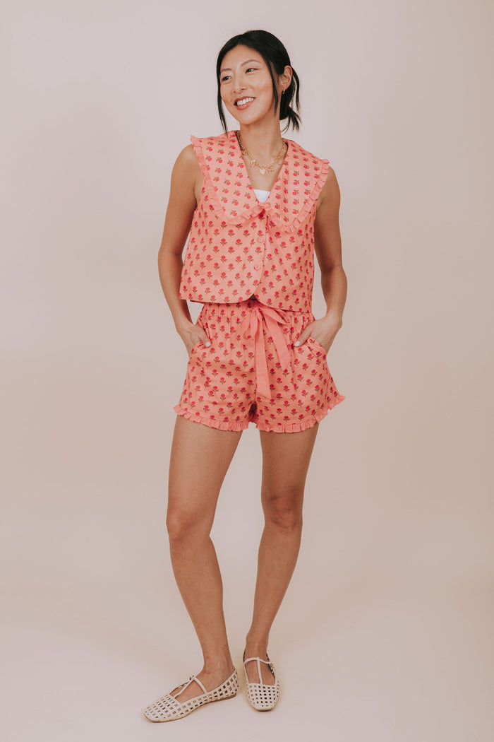 coral floral ruffled collared sleeveless top full