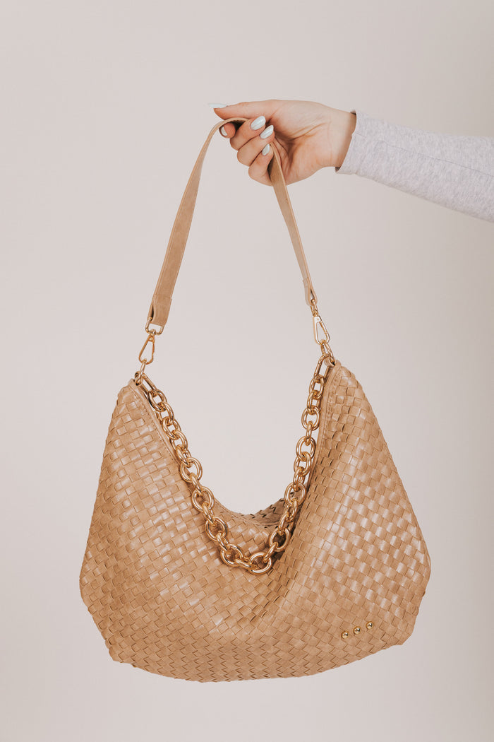 tan leather purse with gold chain