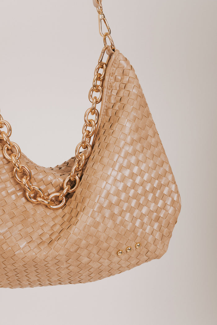 tan leather purse with gold chain