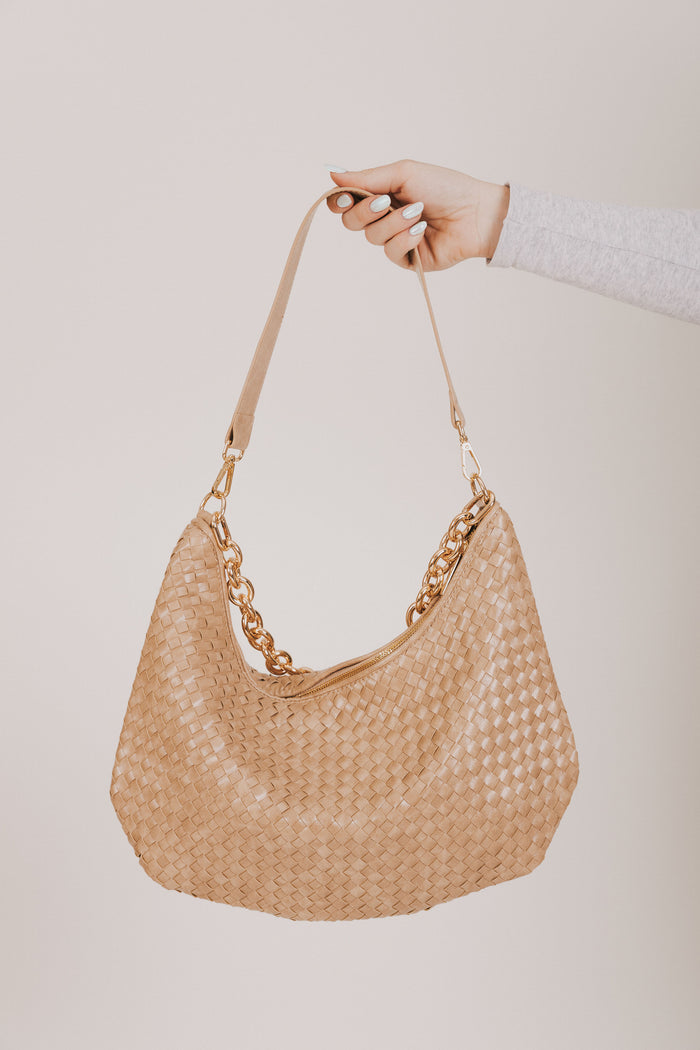 tan leather purse with gold chain