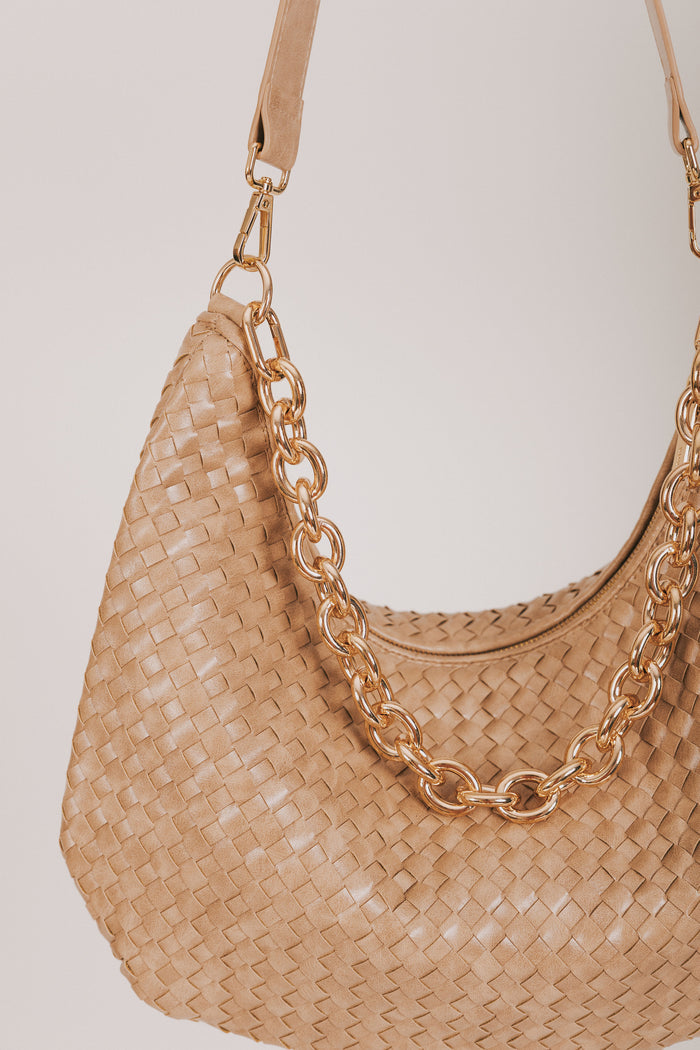 tan leather purse with gold chain