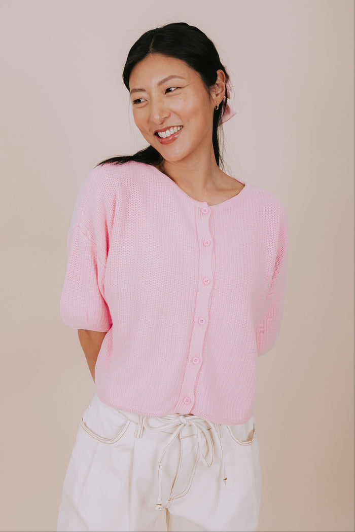 baby pink soft knit short sleeve cardigan front