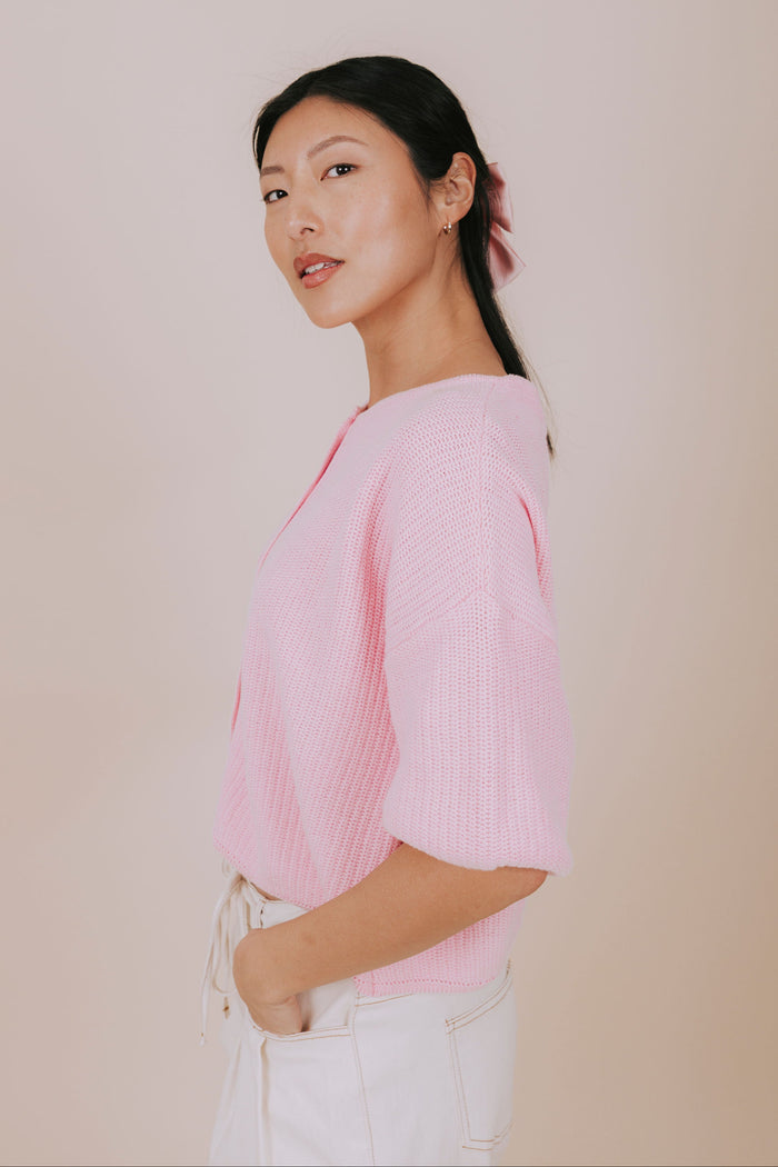 baby pink soft knit short sleeve cardigan side