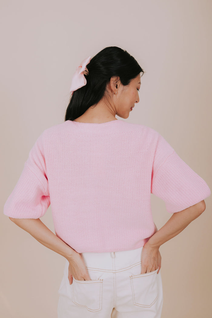 baby pink soft knit short sleeve cardigan back