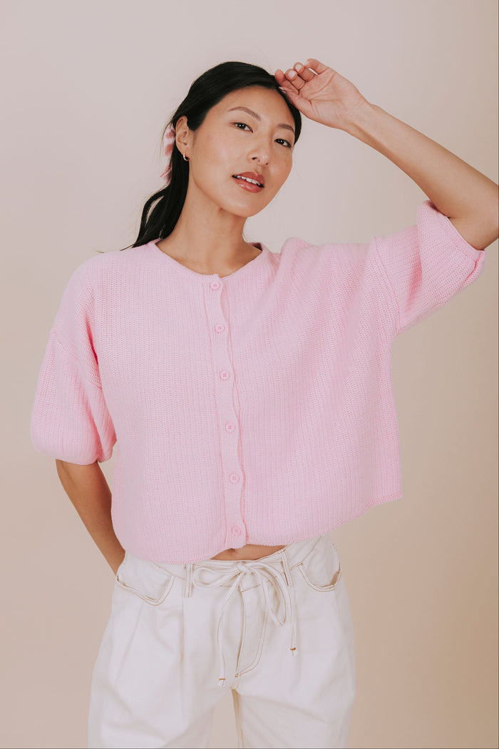 baby pink soft knit short sleeve cardigan front pose