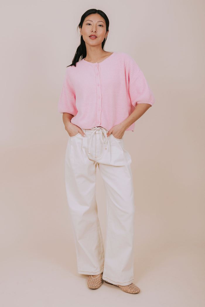 baby pink soft knit short sleeve cardigan full