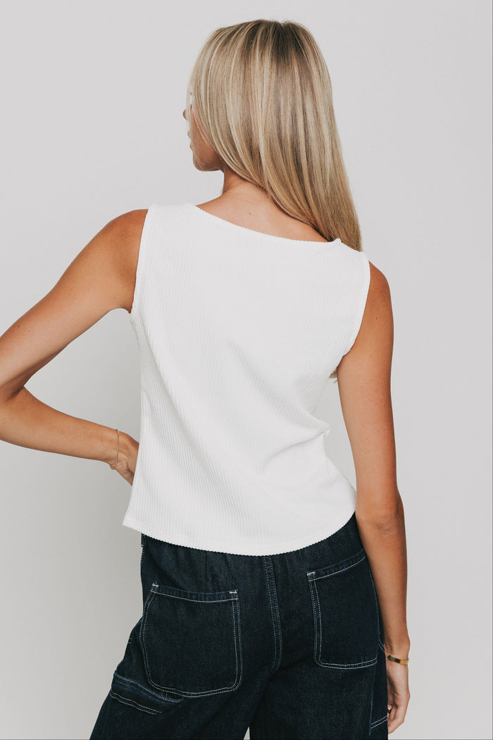 white ribbed tank with buttons down the front back