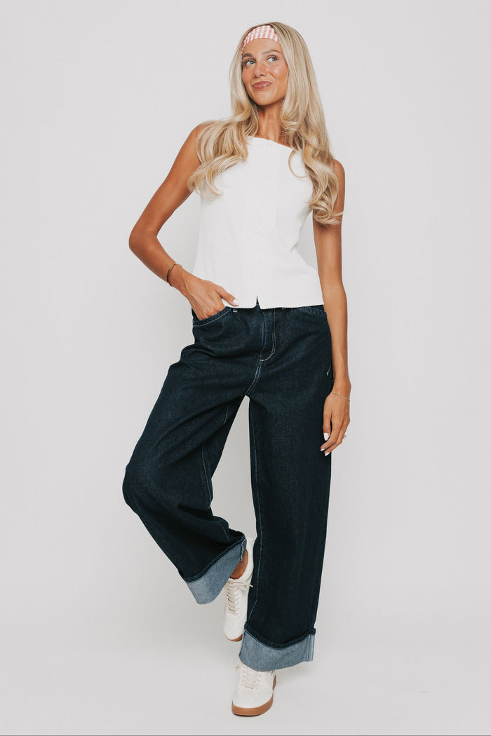 white ribbed tank with buttons down the front full