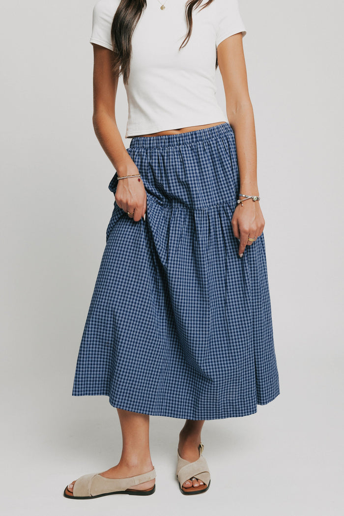 navy gingham midi skirt