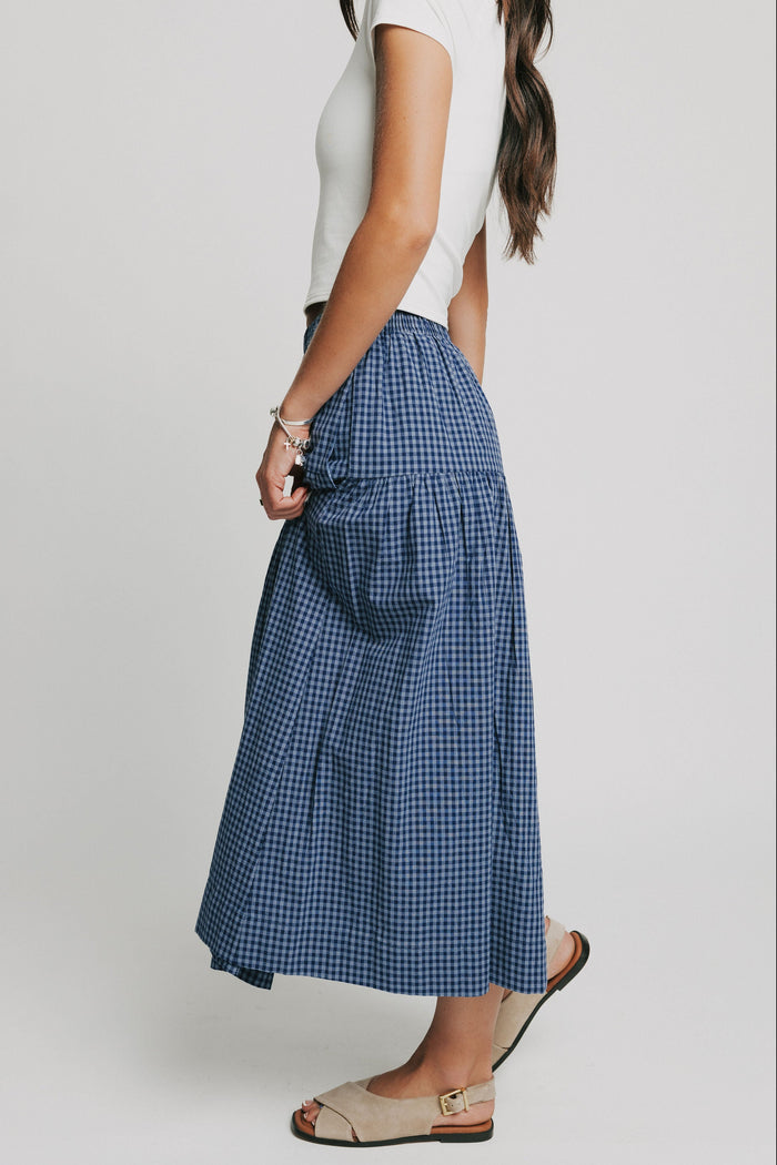 navy gingham midi skirt side
