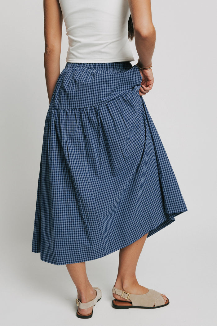 navy gingham midi skirt back