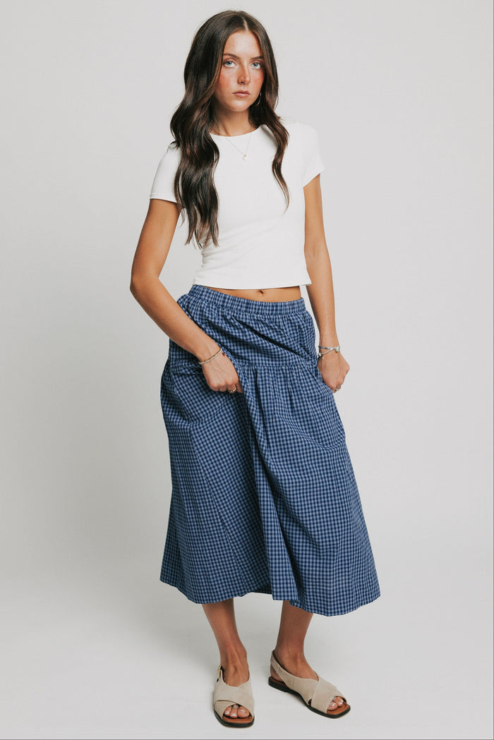 navy gingham midi skirt full