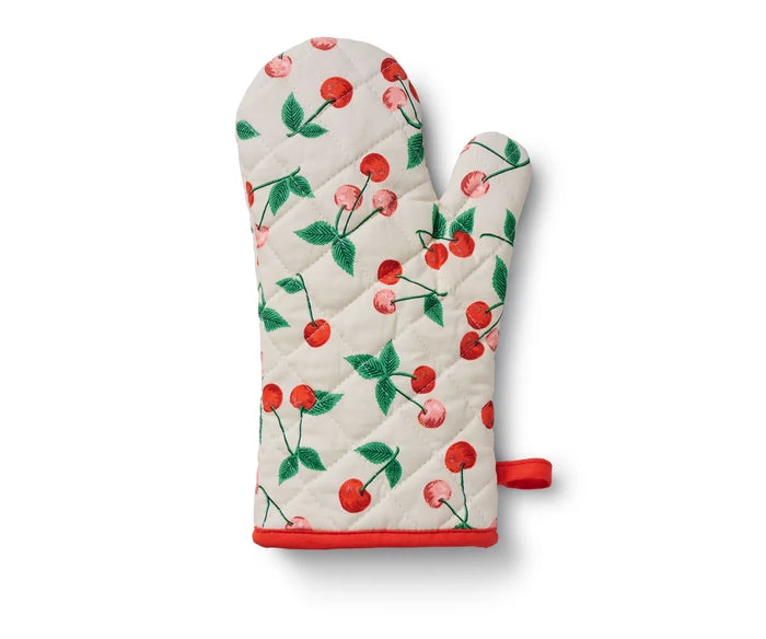 Oven mitt with cherry pattern on a white background