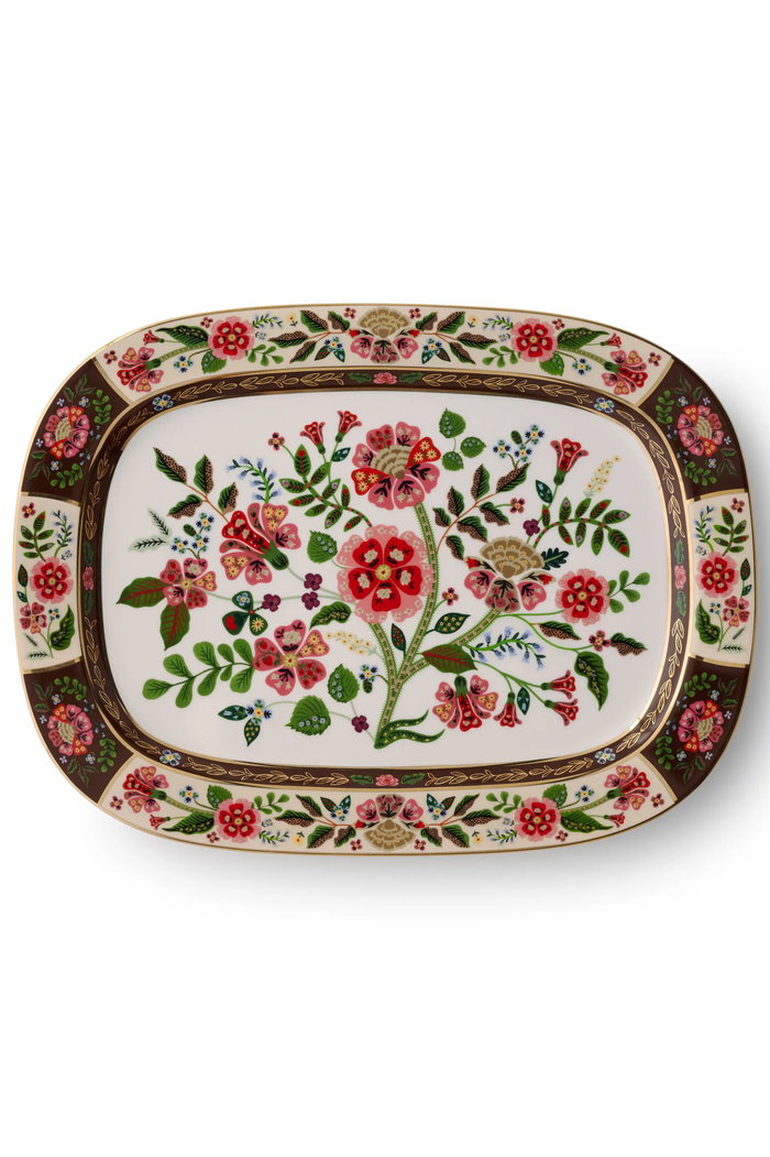 Decorative platter with floral patterns and metallic gold accents
