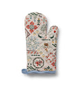 Decorative oven mitt with floral and geometric patterns on a white background