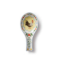 Decorative spoon rest with rooster design on a white background