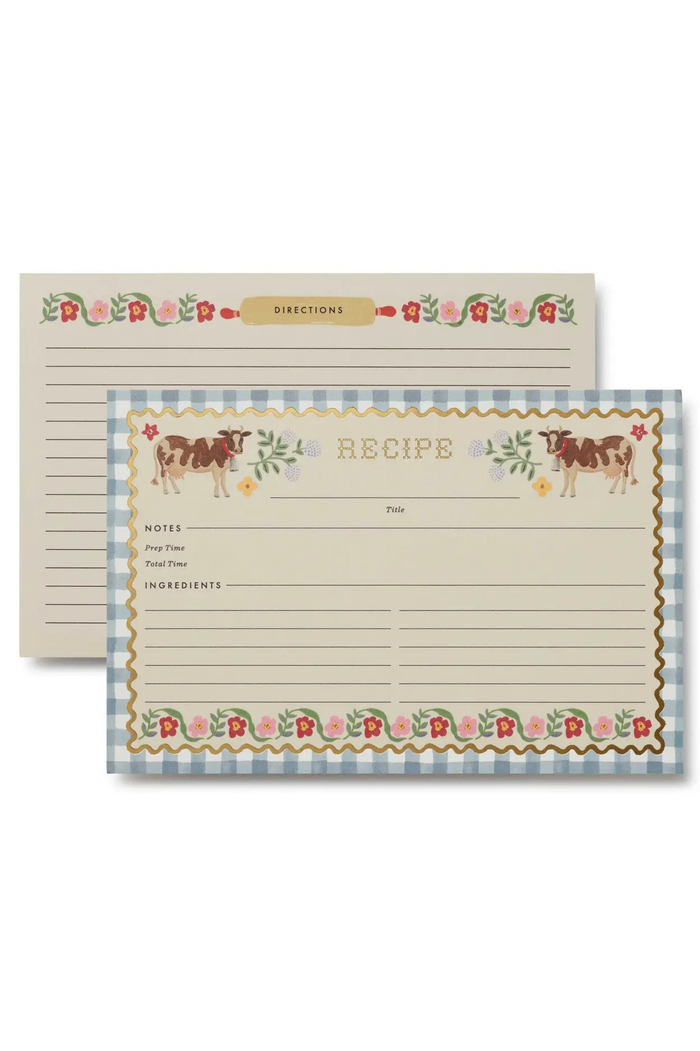Two recipe cards with decorative borders and text on a white background