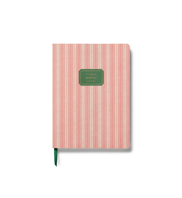 Softcover notebook with pink and white striped cover with lace design and green label