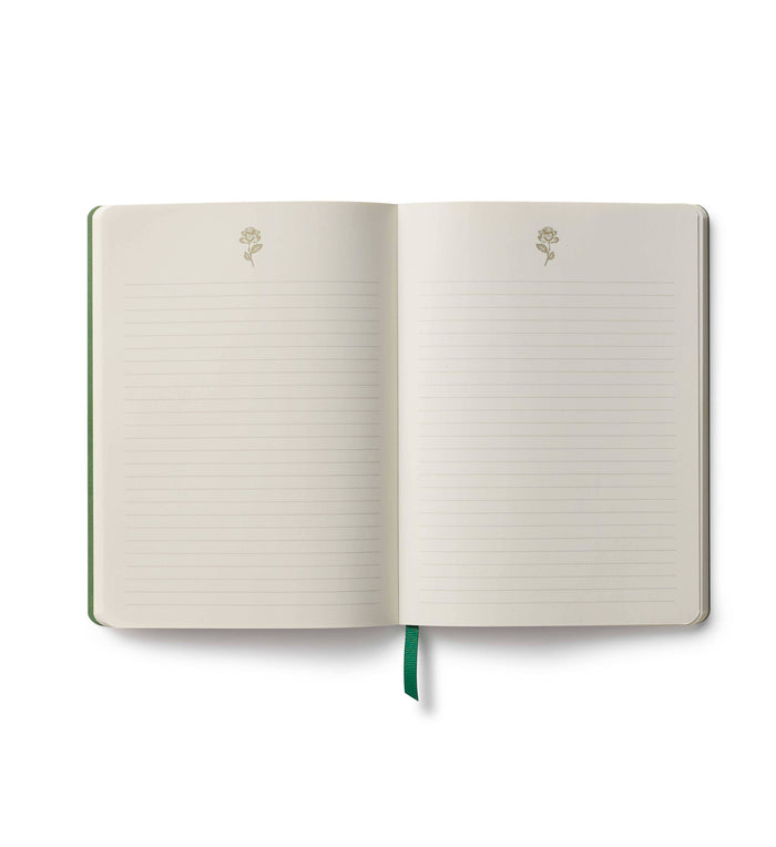 Open notebook with lined pages and floral designs.