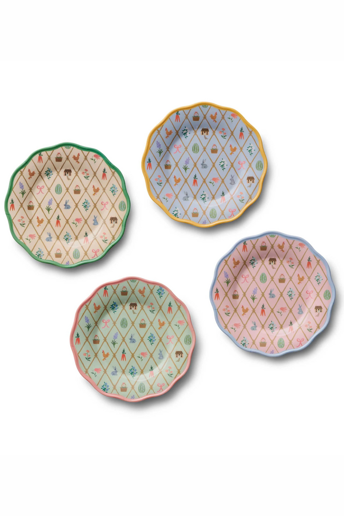 Set of four plates with a diamond pattern featuring farm animals and florals, in bright spring colors. Made of melamine.