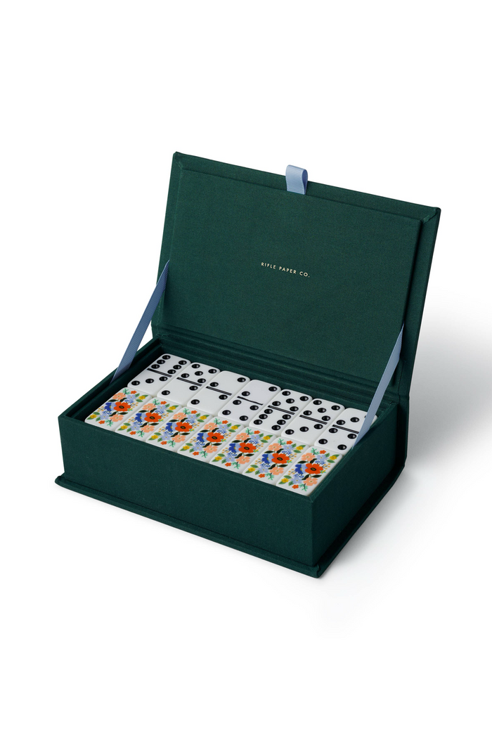 Set of floral dominoes in an embroidered box.