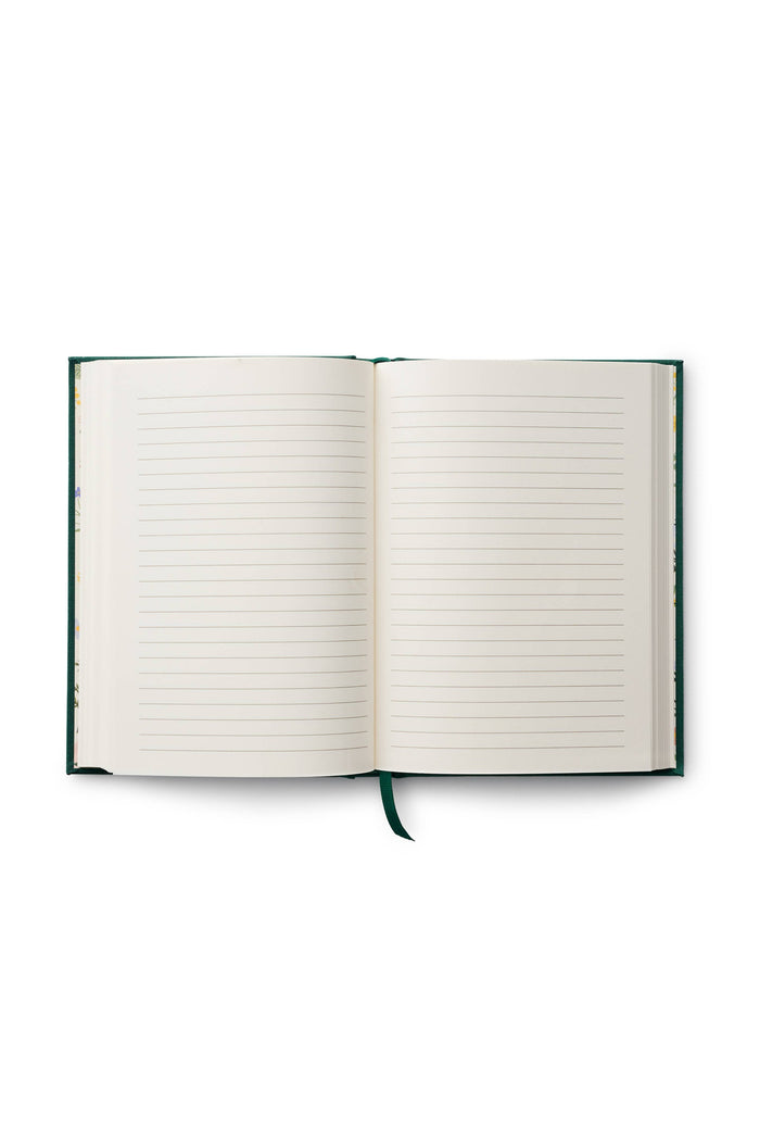 Open notebook with lined pages on a white background