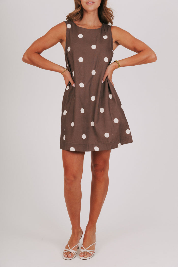 brown and cream polka dot mini dress front