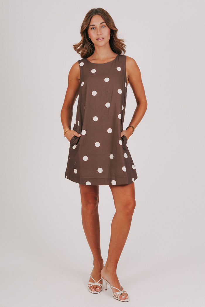 brown and cream polka dot mini dress full